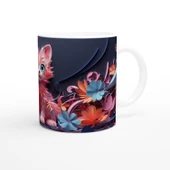 Renkli Çiçekler Arasında Neşeli Kedi ve Kelebekler Baskılı Kupa Bardak thumbnail 3