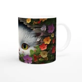 Renkli Çiçeklerle Çevrili Meraklı Kedi Baskılı Kupa Bardak thumbnail 3