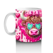 Çocuklara Sütü Sevdiren Kalpli Gözlüklü Pembe Fiyonklu İnek Desenli Kupa Bardak - 2