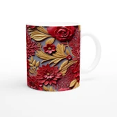 Altın Yapraklı Kırmızı Rölyef Çiçek Desenli Kupa Bardak - 3