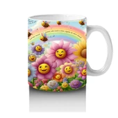 Çocuklara Sütü Sevdiren Gökkuşağı Altında Gülümseyen Çiçekler ve Uçuşan Arılar Desenli Kupa Bardak thumbnail 4