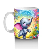 Çocuklara Sütü Sevdiren Çiçekler Arasında Su Sıçratan Neşeli Fil Desenli Kupa Bardak - 2