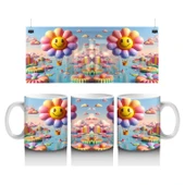 Çocuklara Sütü Sevdiren Gülümseyen Çiçek Balonlar ve Renkli Bulutlar Desenli Kupa Bardak - 1