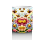 Çocuklara Sütü Sevdiren Gökkuşağı Altında Gülümseyen Çiçekler ve Uçuşan Arılar Desenli Kupa Bardak thumbnail 3