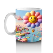 Çocuklara Sütü Sevdiren Gülümseyen Çiçek Balonlar ve Renkli Bulutlar Desenli Kupa Bardak - 2