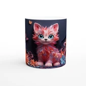 Renkli Çiçekler Arasında Neşeli Kedi ve Kelebekler Baskılı Kupa Bardak thumbnail 1