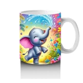 Çocuklara Sütü Sevdiren Çiçekler Arasında Su Sıçratan Neşeli Fil Desenli Kupa Bardak - 4