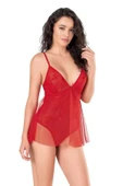 Litae Kırmızı Jakarlı Bodysuit Gecelik - 1