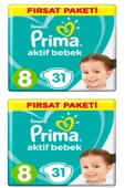 Prima Unisex Bebek Bezi Aktif Bebek 8 Beden 31 Adet Fırsat Paketi 31'li 2'Li Paket 62 Adet - 1