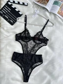 Litae Çiçek Desenli Siyah Bodysuit - 1