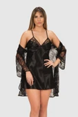 Siyah Dantelli Saten Gecelik Sabahlık Takımı thumbnail 1