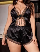 Litae Büyük Beden Siyah Dantel İşlemeli Saten Şortlu Takım thumbnail 2