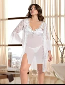 Litae Beyaz Transparan Dantel İşlemeli Tül Yırtmaçlı 2li Gecelik Takımı thumbnail 1