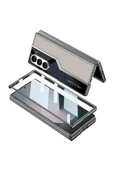 KILIFTECH Galaxy Z Fold 6 Kılıf Ultra İnce Kamera Korumalı PC + Deri Arka Yüzey Zore Kıpta Poligan Kapak-Gri - 4