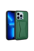 KILIFTECH iPhone 12 Pro Max Uyumlu Kartlıklı Standlı Pu Deri Zore Memo Kılıf-Koyu Yeşil thumbnail 1