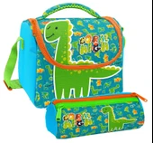 Coral High Erkek Çocuk Mavi Yeşil Dinazor Thermo Beslenme Çantası ve Üç Bölmeli Kalemlik Seti thumbnail 1