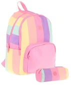 Kaukko Çizgili Pembe Çok Renkli Kız Çocuk Okul Çantası ve Kalemlik Seti (KK - K1802+KK - K2713) thumbnail 1