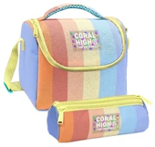 Coral High Kız Çocuk Turuncu Sarı Mavi Renkli Çizgili Thermo Beslenme Çantası ve Üç Bölmeli Kalemlik Seti thumbnail 3