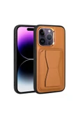 szr store iPhone 14 Pro Uyumlu Kartlıklı Standlı Pu Deri Zore Memo Kılıf-Kahve Açık thumbnail 1