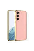 zore Galaxy S23 Uyumlu Deri Görünümlü Kenarları Elektroplating Kaplama Zore Fizyon Kılıf-Pembe thumbnail 1