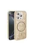KILIFTECH iPhone 15 Pro Kılıf Magsafe Şarj Özellikli Parlayan Simli Zore Okso Kapak - Gold thumbnail 1