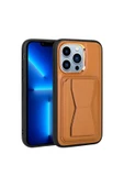 zore iPhone 12 Pro Uyumlu Kartlıklı Standlı Pu Deri Zore Memo Kılıf-Kahve Açık - 1