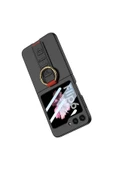 PSR aksesuar Galaxy Z Flip 6 Kılıf Kamera Korumalı Yüzüklü Karbon Tasarımlı Zore Flip Ring Kıpta Kapak-Gri-Yeşil - 2