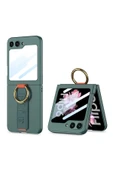 PSR aksesuar Galaxy Z Flip 6 Kılıf Kamera Korumalı Yüzüklü Karbon Tasarımlı Zore Flip Ring Kıpta Kapak-Gri-Yeşil - 1