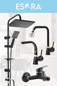 ESORA Siyah Robot Duş Set Köşe Borulu Oynar Başlıklı Eviye Balık Sırtı Lavabo ve Banyo Bataryası 4lü Set thumbnail 1
