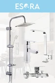 ESORA Dubai Krom Robot Duş Seti , Krom Lüx Kare Eviye , Sabit Lavabo , Banyo Bataryası 4’lü Set - 1