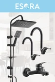 ESORA Siyah Robot Tepe Yağmurlama Banyo-Mutfak-Lavobo Musluğu Çeşmesi 4'lü Set - 1