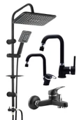 ESORA Siyah Robot Duş Seti , Siyah Köşe Borulu Eviye , Lavabo , Banyo Bataryası 4’lü Set - 1