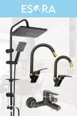 ESORA Siyah Robot Duş Seti , Siyah Gold Oynar Uçlu Eviye , Lavabo , Banyo Bataryası 4’lü Set - 1