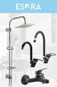 ESORA Krom Dubai Robot Duş Seti , Siyah Krom Mix Eviye , Lavabo , Banyo Bataryası 4’lü Set - 1