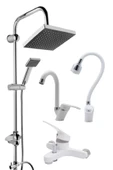 ESORA Krom Siyah Robot Duş Seti , Beyaz Oynar Borulu Eviye , Baston Lavabo , Banyo Bataryası 4’lü Set - 1