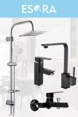 ESORA Dubai Krom Robot Duş Seti , Siyah Lüx Kare Eviye , Sabit Lavabo , Banyo Bataryası 4’lü Set thumbnail 2