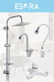 ESORA Dubai Krom Robot Duş Seti , Beyaz Oynar Borulu Eviye , Baston Lavabo , Banyo Bataryası 4’lü Set thumbnail 2