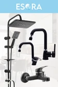 ESORA Siyah Robot Duş Seti , Siyah Köşe Borulu Eviye , Lavabo , Banyo Bataryası 4’lü Set - 1