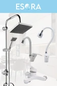 ESORA Krom Siyah Robot Duş Seti , Beyaz Oynar Borulu Eviye , Baston Lavabo , Banyo Bataryası 4’lü Set - 2