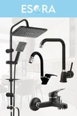 ESORA Siyah Robot Duş Set Köşe Borulu Eviye, Baston Borulu Lavabo ve Banyo Bataryası 4lü Set thumbnail 1