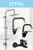 ESORA Krom Dubai Robot Duş Seti , Siyah Krom Oynar Uçlu Eviye , Lavabo , Banyo Bataryası 4’lü Set - 1