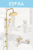 ESORA Gold Yuvarlak Robot Duş Seti , Beyaz Gold Sabit Lavabo , Banyo Bataryası 3’lü Set thumbnail 2