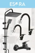 ESORA Siyah Robot Duş Seti Baston Borulu Oynar Başlıklı Eviye, Lavabo ve Banyo Bataryası 4lü Set thumbnail 1