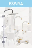 ESORA Krom Dubai Robot Duş Seti , Beyaz Gold Delta Eviye , Lavabo , Banyo Bataryası 4’lü Set - 1
