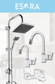 ESORA Krom Siyah Tepe Yağmurlama, Beyaz Delta Banyo-mutfak-lavabo Bataryası Musluğu Çeşmesi 4'lü Set - 1