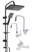 ESORA Siyah Robot Duş Seti , Beyaz Köşe Borulu Eviye , Lavabo , Banyo Bataryası 4’lü Set - 1