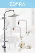 ESORA Dubai Krom Robot Duş Seti , Beyaz Gold Köşe Borulu Eviye , Lavabo , Banyo Bataryası 4’lü Set thumbnail 2