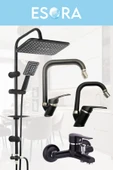 ESORA Siyah Robot Duş Seti , Siyah Krom Oynar Uçlu Eviye , Lavabo , Banyo Bataryası 4’lü Set - 2