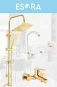 ESORA Gold Kare Robot Duş Seti , Beyaz Gold Eviye , Sabit Lavabo , Gold Banyo Bataryası 4’lü Set - 1