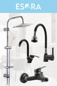 ESORA Dubai Krom Robot Duş Seti , Siyah Oynar Borulu Eviye , Baston Lavabo , Banyo Bataryası 4’lü Set - 1